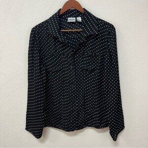 Chico’s 100% Silk Black & White Polka Dot Print Button Up Blouse Chicos Sz 1